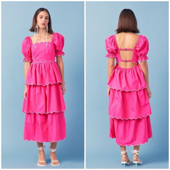 English Factory Scallop Tiered Pink Dress Size Medium Puff Sleeve Open Back Midi - Picture 1 of 12
